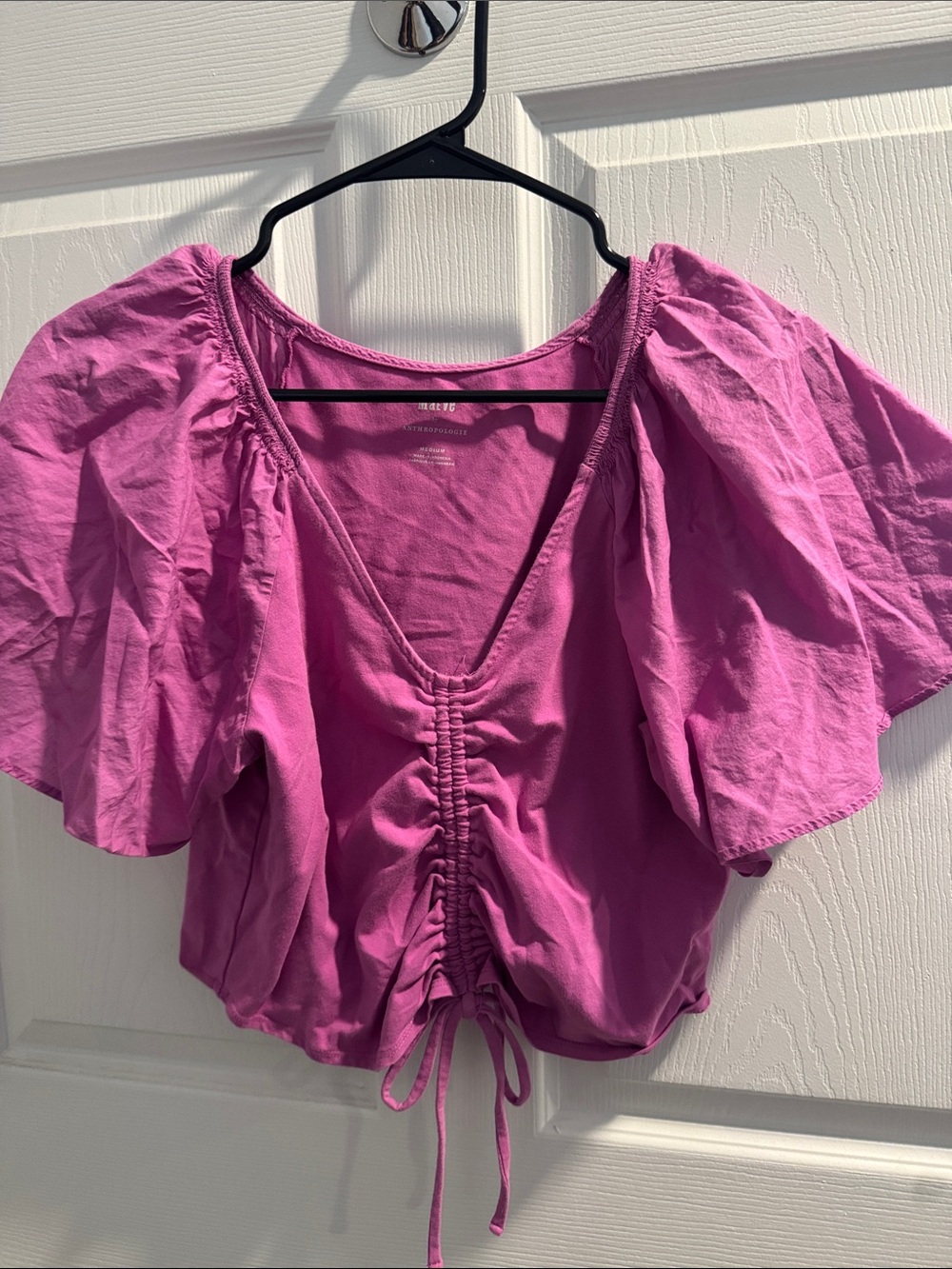 Anthropologie Magenta Ruched Front Puff Sleeve Crop Top